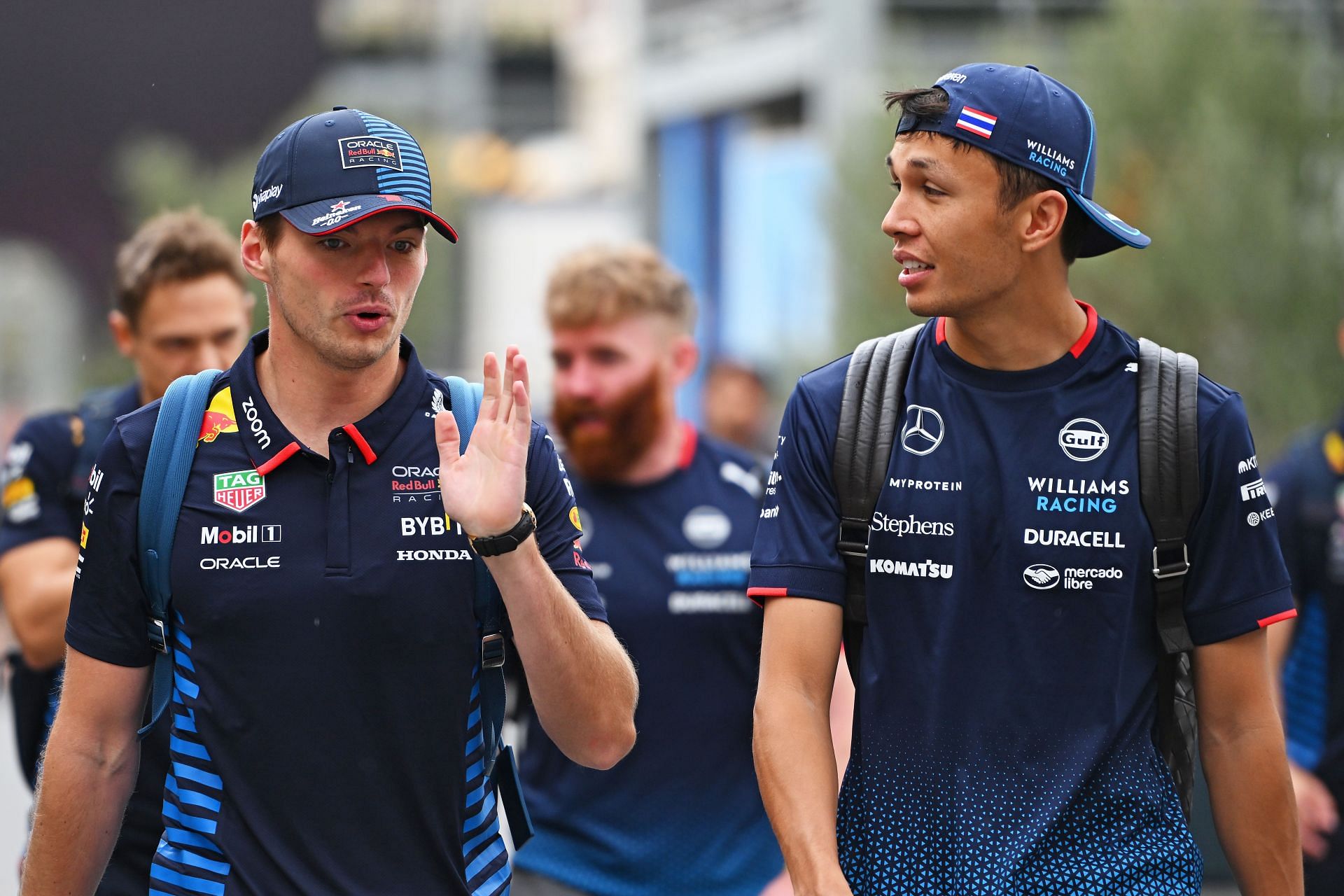 Former Red Bull teammtes Max Verstappen and Alex Albon arriving at the 2024 Azerbaijan Grand Prix - Source: Getty